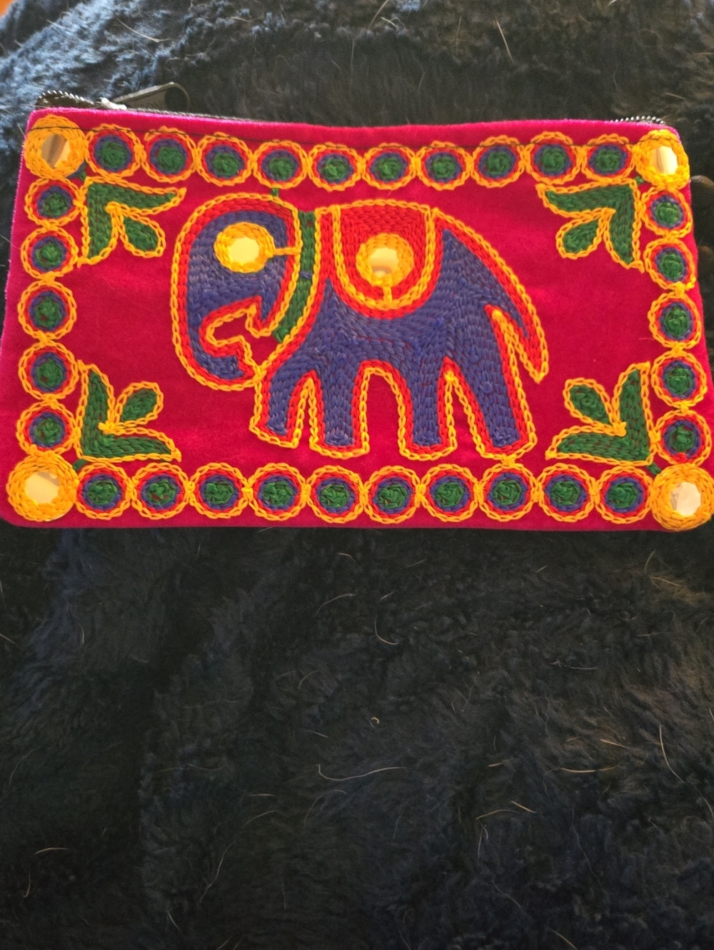 Embroidered Elephant Zip Pouch - Red, Blue & Yellow